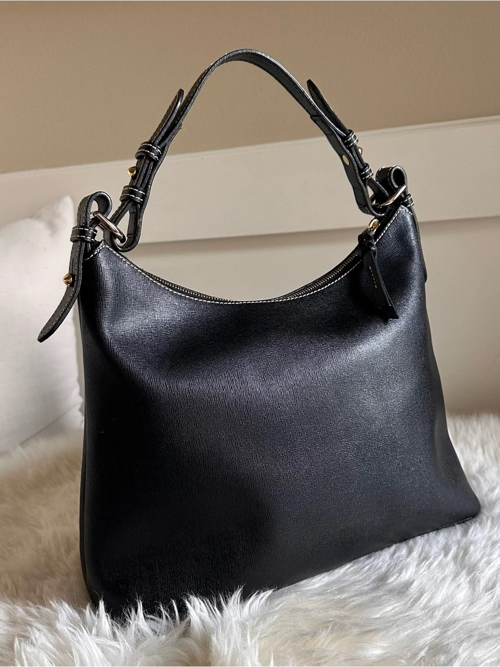 Dooney & Bourke Black Saffiano Leather Shoulder Hobo with Gold Accent - Picture 2 of 13
